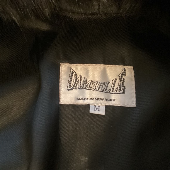 Damselle Luxurious Vintage Black Leather Coat with Fur Trim Women’s Size Medium - Picture 9 of 15